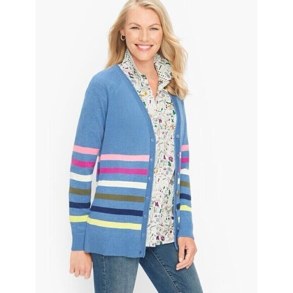 Talbots Womens Girlfriend Cardigan Plus Sz X 12 Blue Stripe Preppy V-neck - Picture 2 of 7
